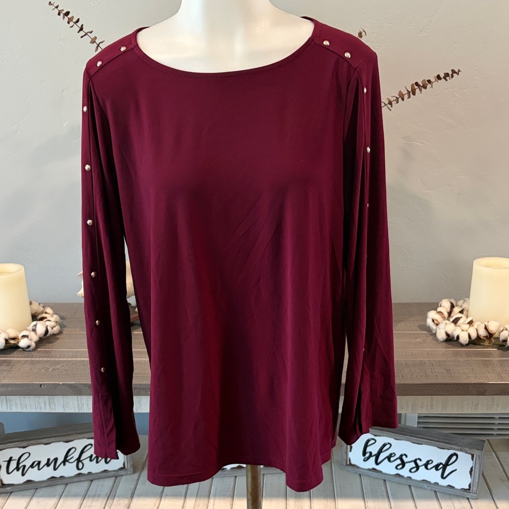 Nina Leonard Burgundy Long-Sleeve Top with Gold Studded Trim